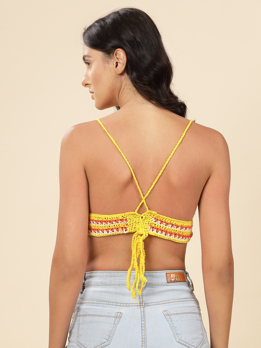 Velvery Crochet Boho Bralette with Criss Cross Straps - Yellow