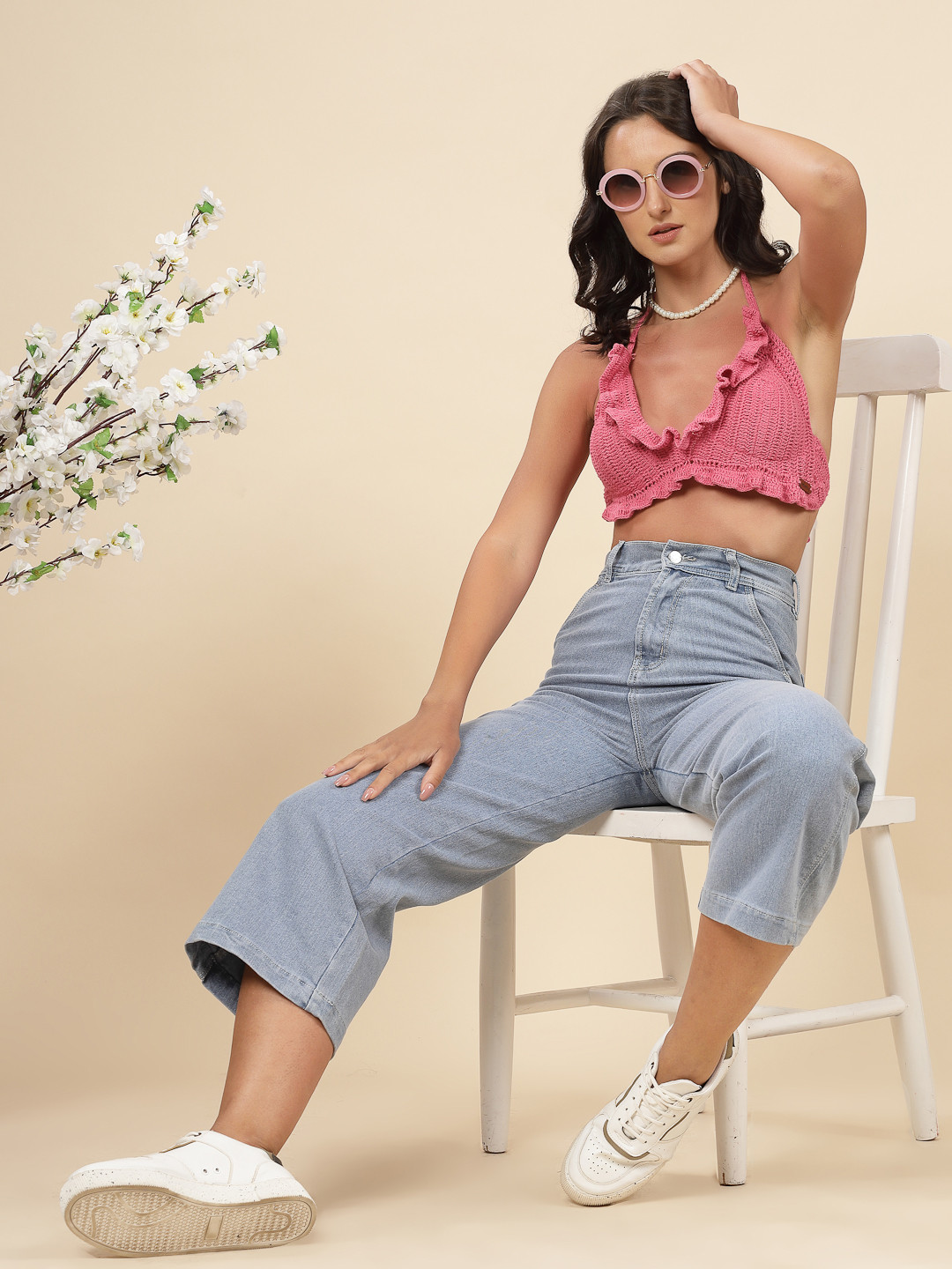 Velvery Crochet Ruffle Bralette Top - Pink