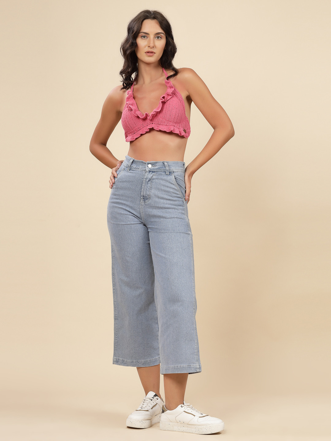 Velvery Crochet Ruffle Bralette Top - Pink