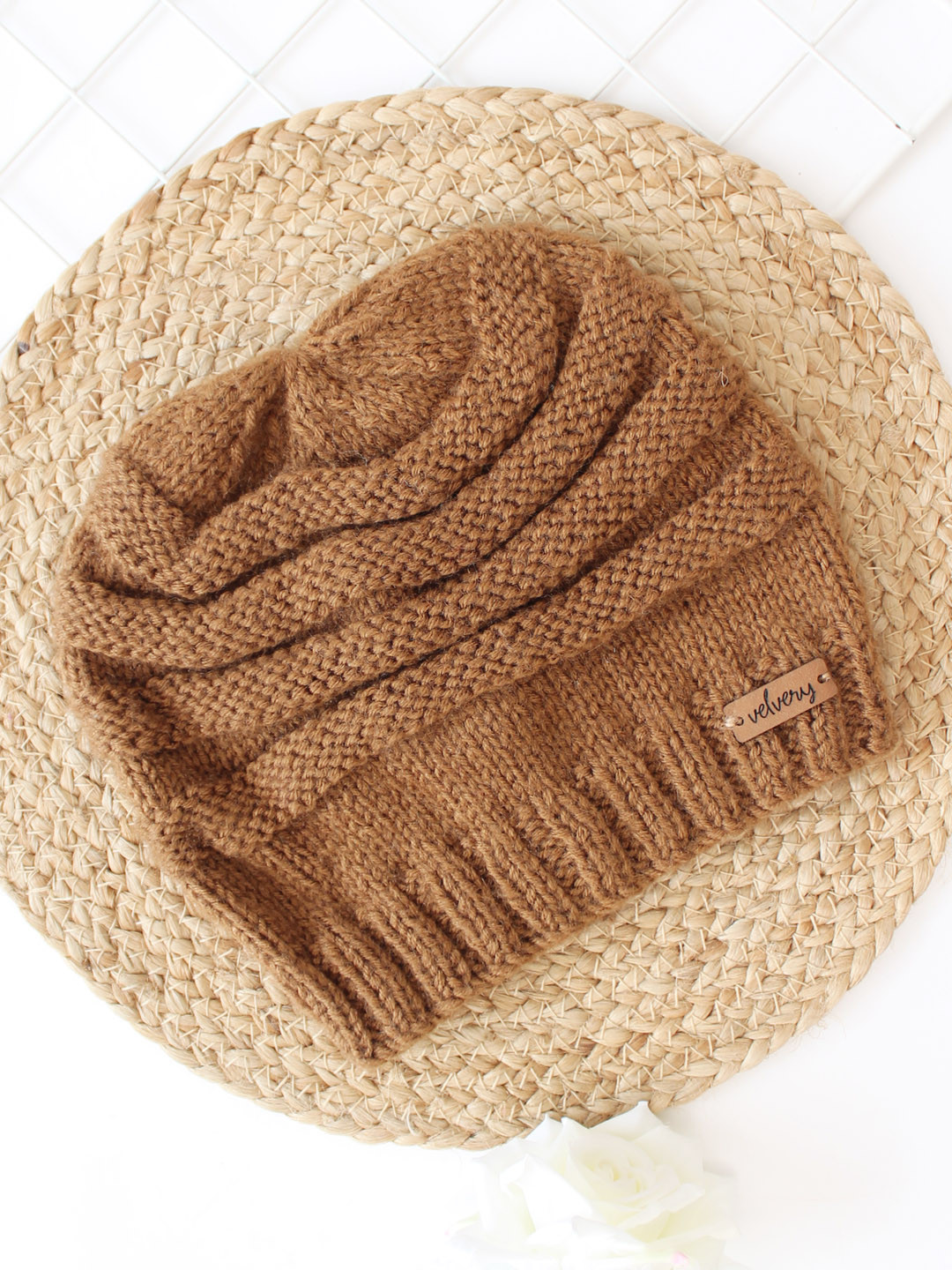Velvery Garter Stitch Handknitted Ladies Beanie- Brown