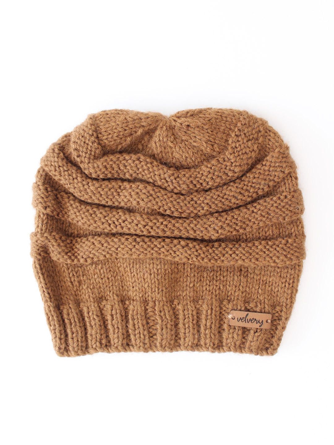 Velvery Garter Stitch Handknitted Ladies Beanie- Brown