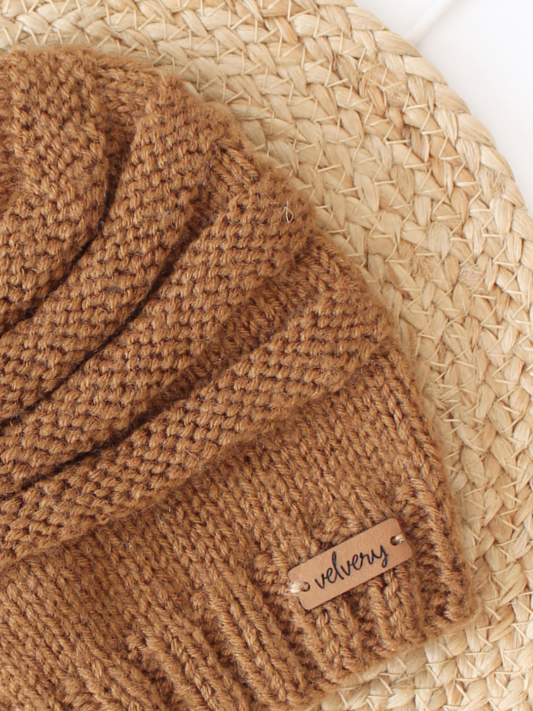 Velvery Garter Stitch Handknitted Ladies Beanie- Brown