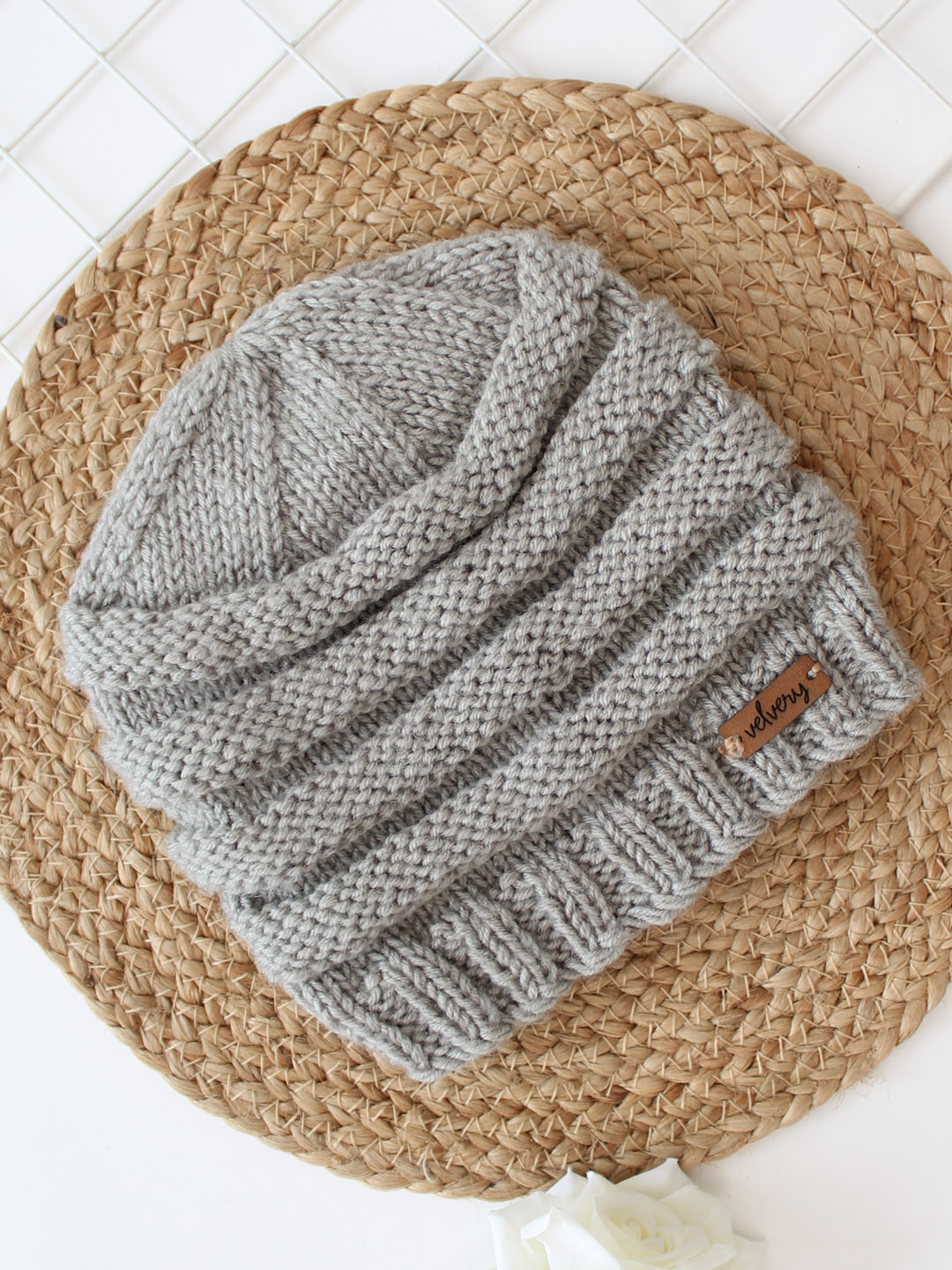 Velvery Garter Stitch Knitted Hat for Women - Grey
