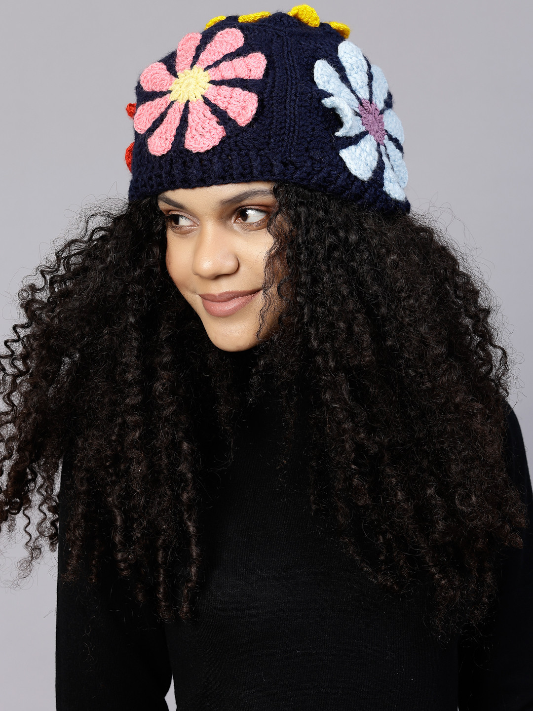 Velvery Hand Knitted Floral Wool Hats for Women-Multi