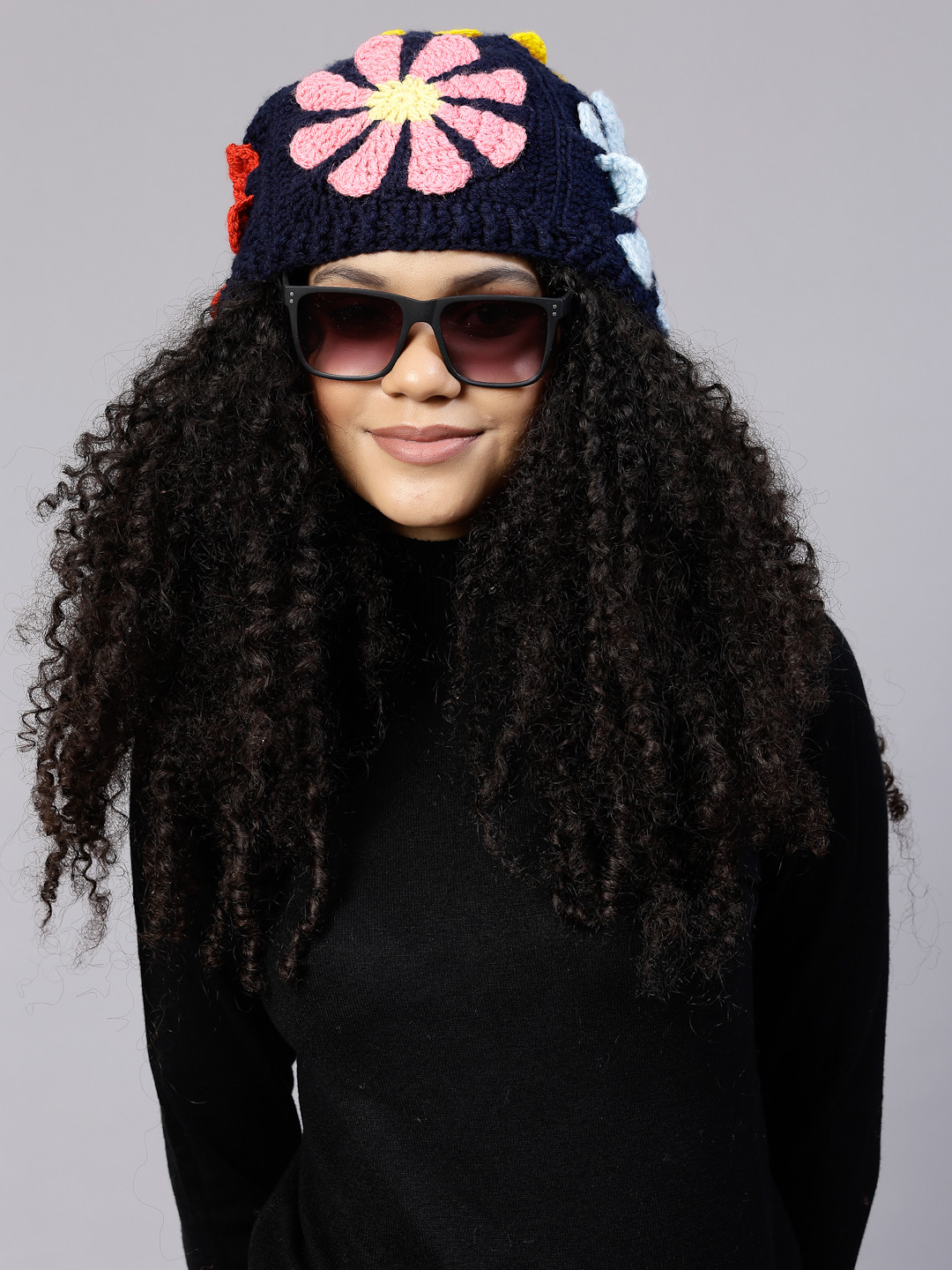 Velvery Hand Knitted Floral Wool Hats for Women-Multi