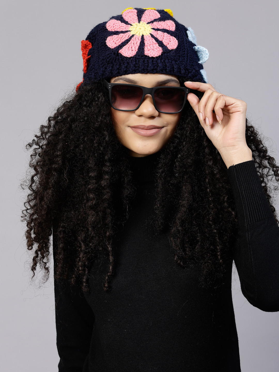 Velvery Hand Knitted Floral Wool Hats for Women-Multi