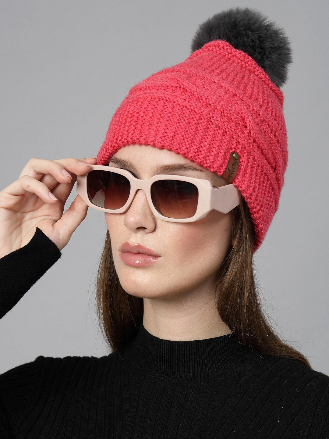 Velvery Handknitted Pom-Pom Detail Self Design Beanie- Pink