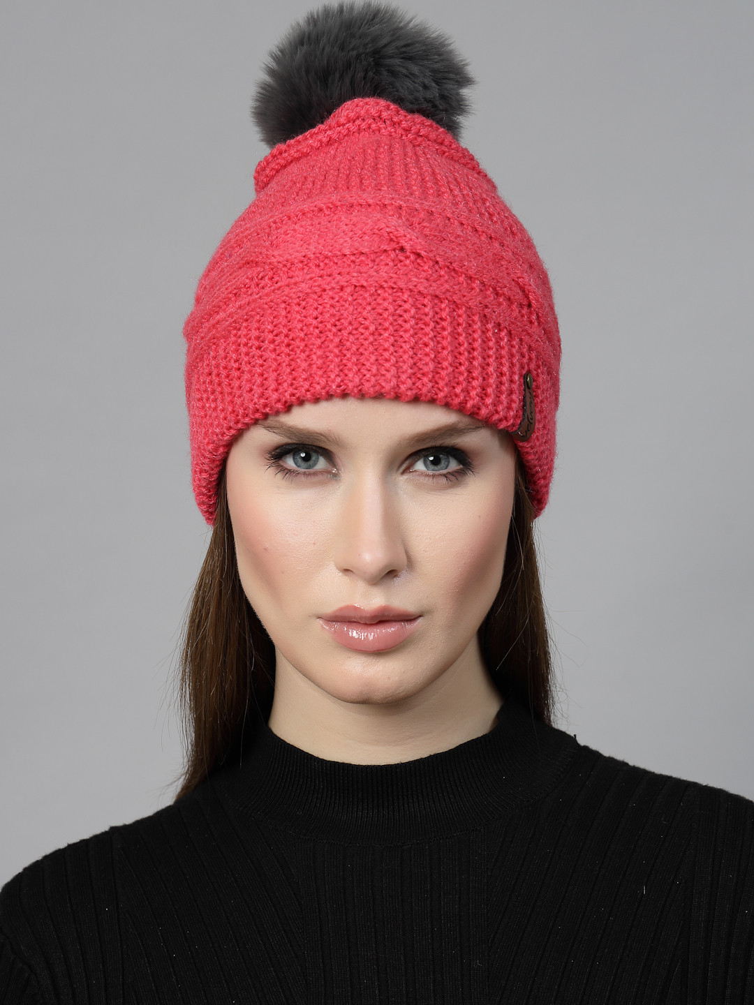 Velvery Handknitted Pom-Pom Detail Self Design Beanie- Pink