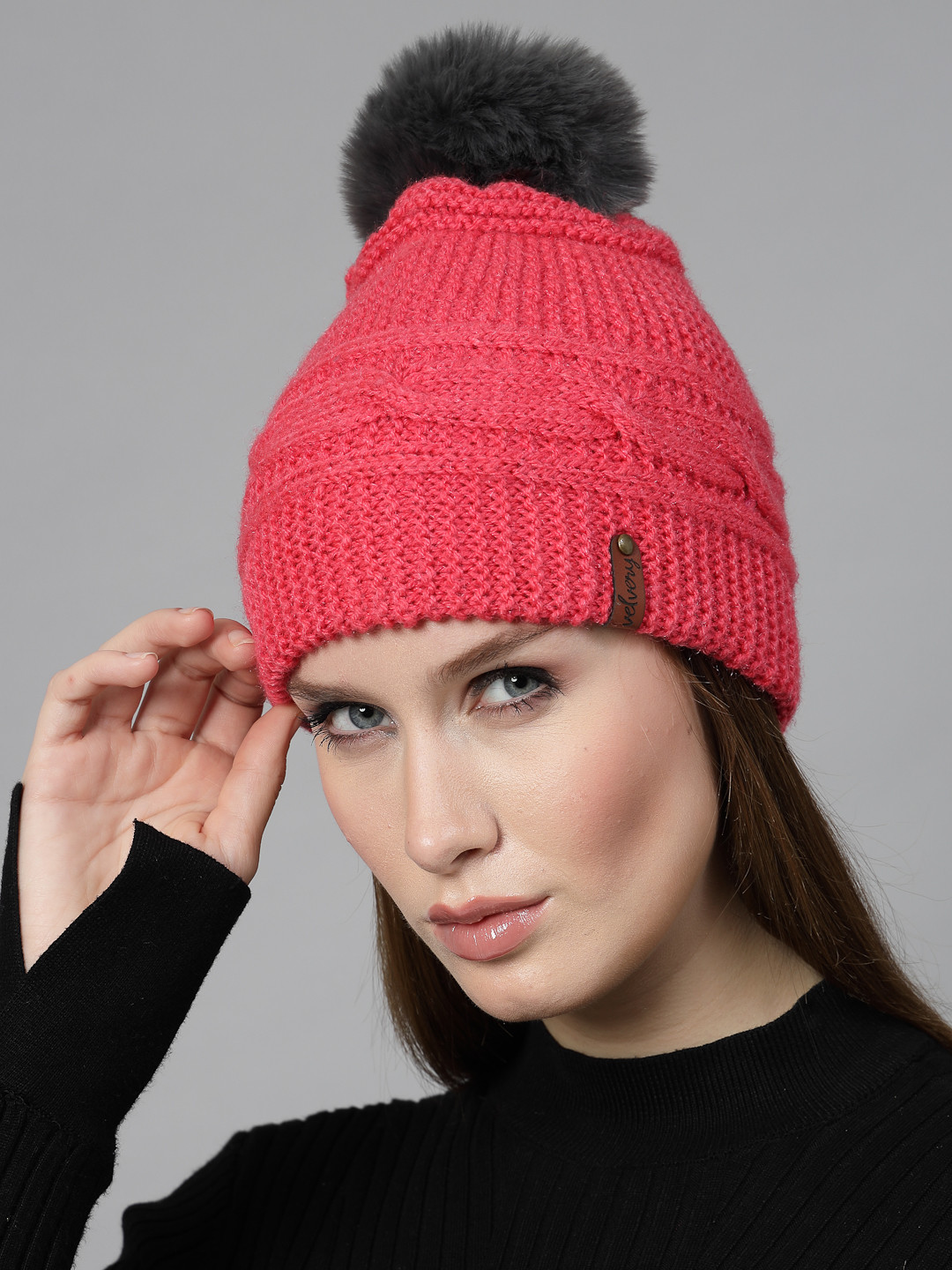 Velvery Handknitted Pom-Pom Detail Self Design Beanie- Pink