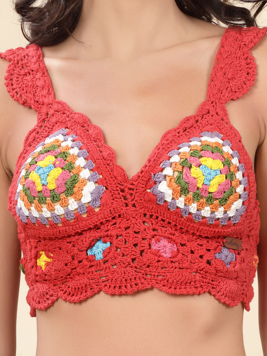 Velvery Handmade Crochet Beach Bralette with Straps - Red