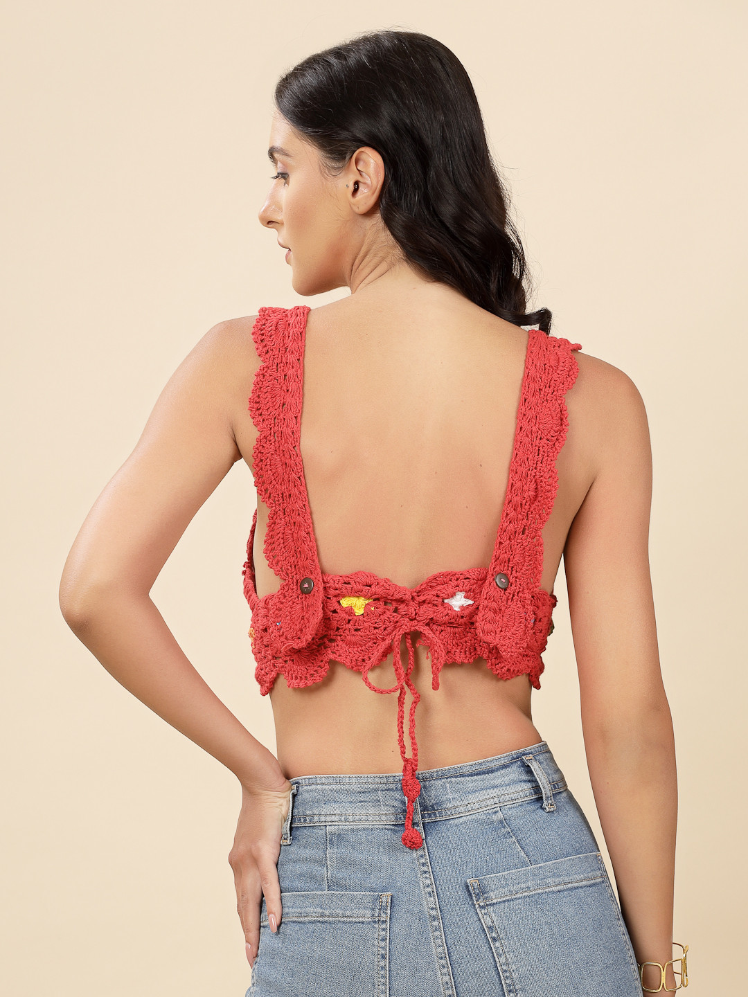 Velvery Handmade Crochet Beach Bralette with Straps - Red