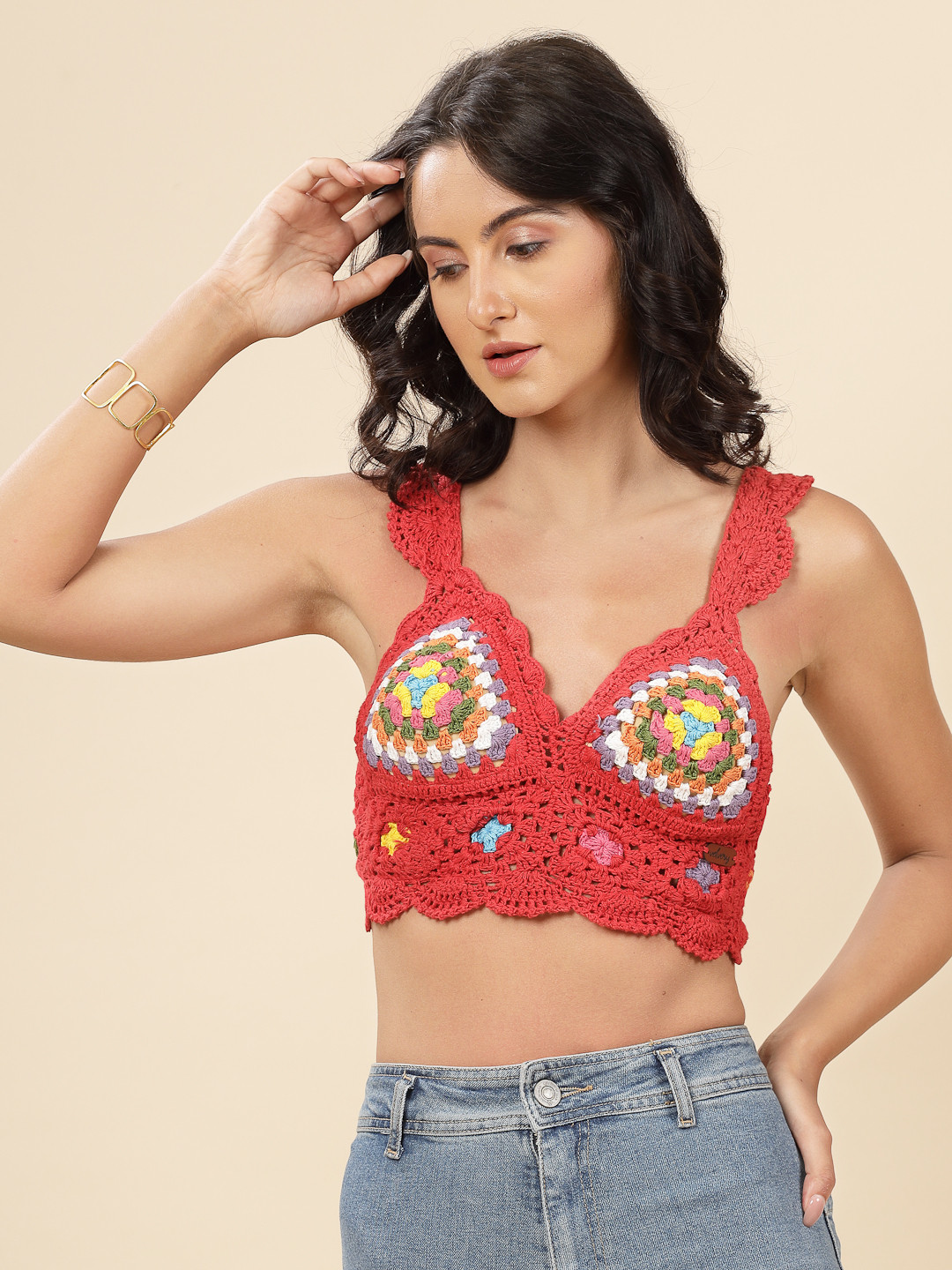 Velvery Handmade Crochet Beach Bralette with Straps - Red