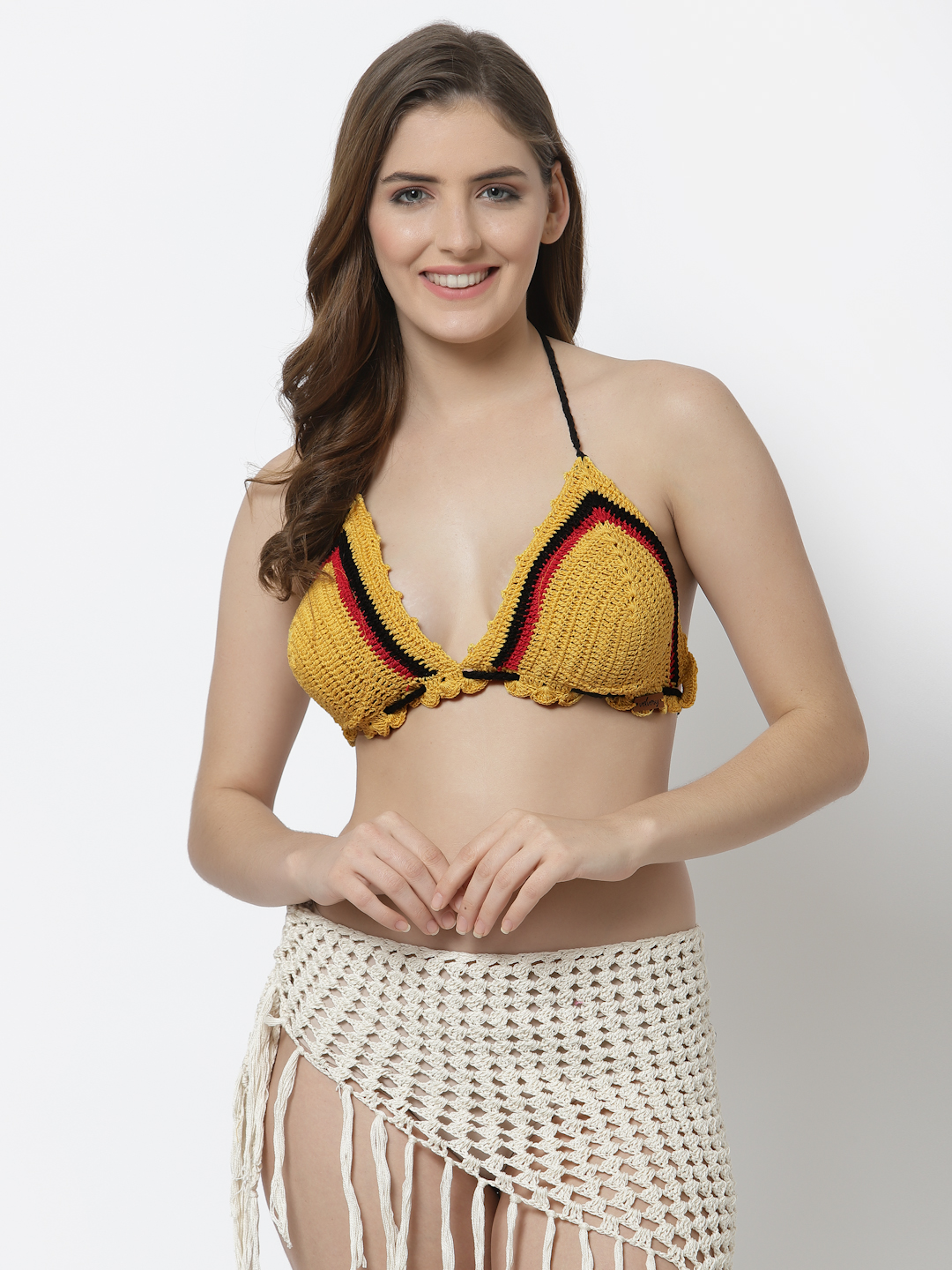 Velvery Handmade Crochet Decent Beach Wear -Yellow