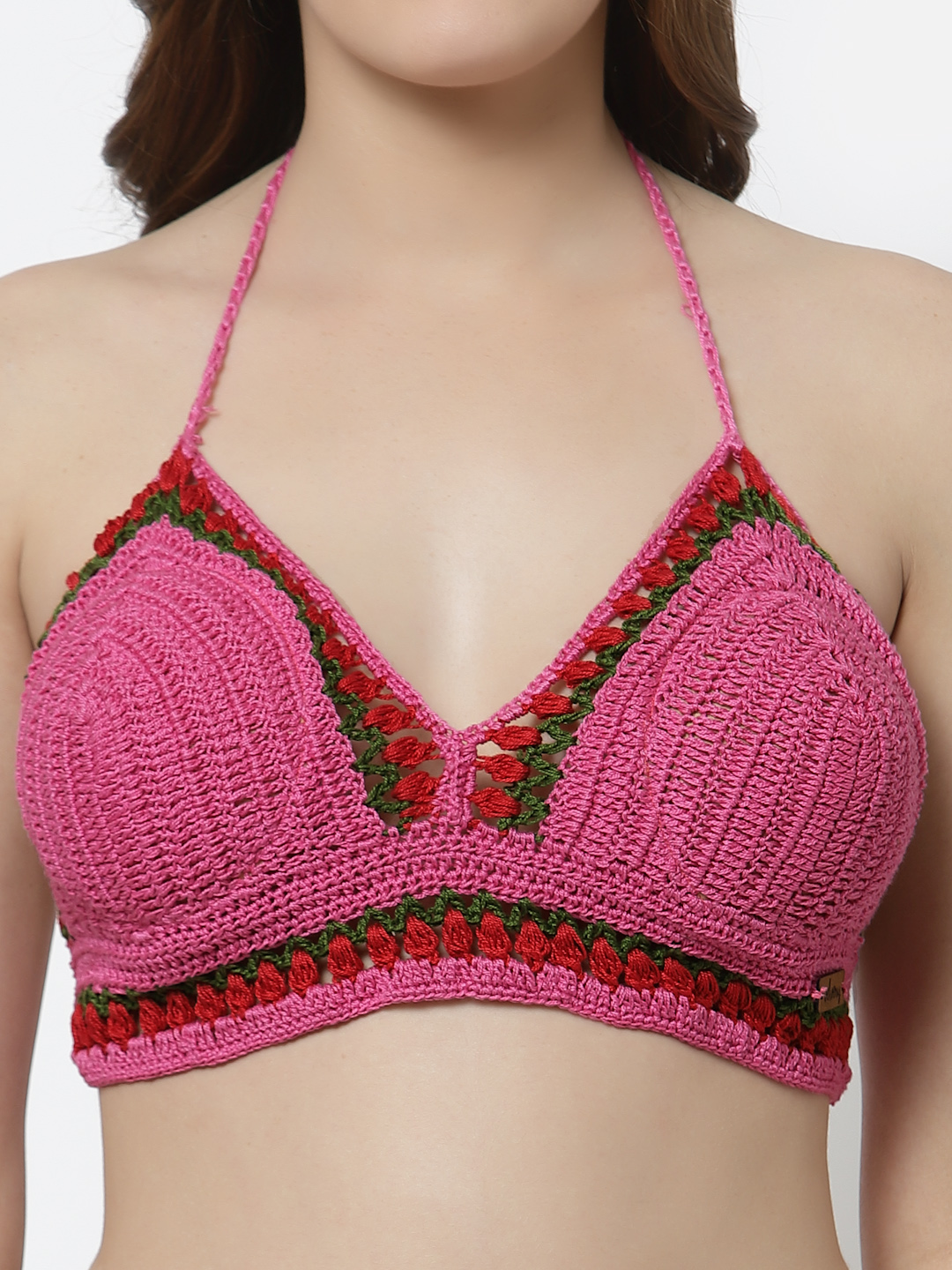 Velvery Handmade Crochet Halterneck Beachwear Lingerie -Pink