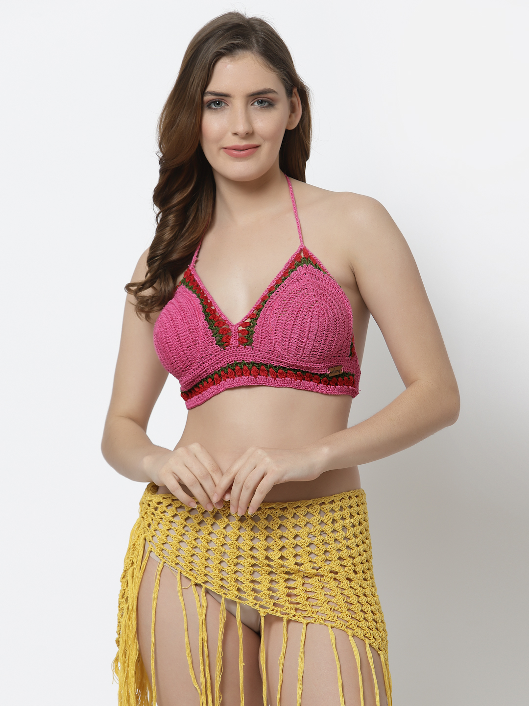 Velvery Handmade Crochet Halterneck Beachwear Lingerie -Pink