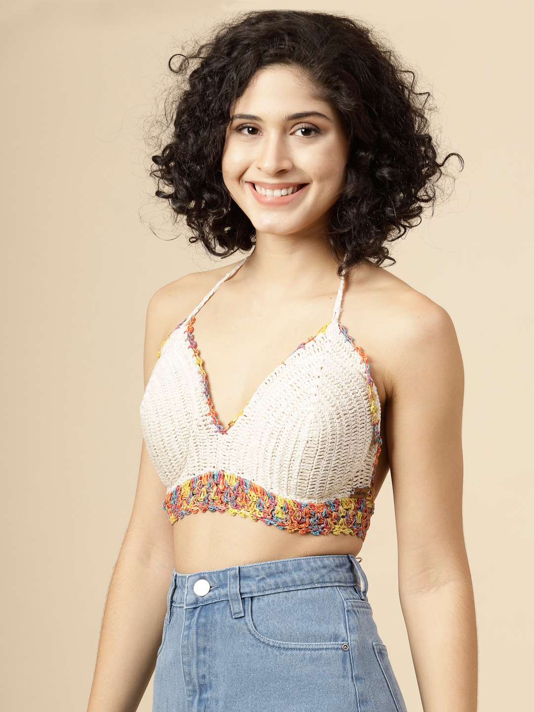 Velvery Handmade Crochet Halterneck Bralette - Cream