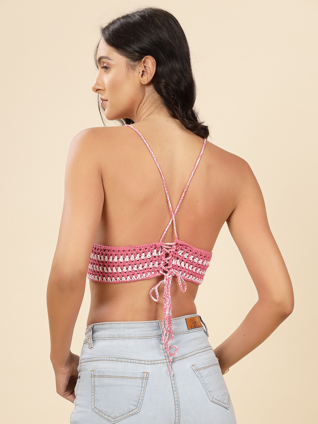 Velvery Handmade Crochet Triangle Bralette - Pink and White