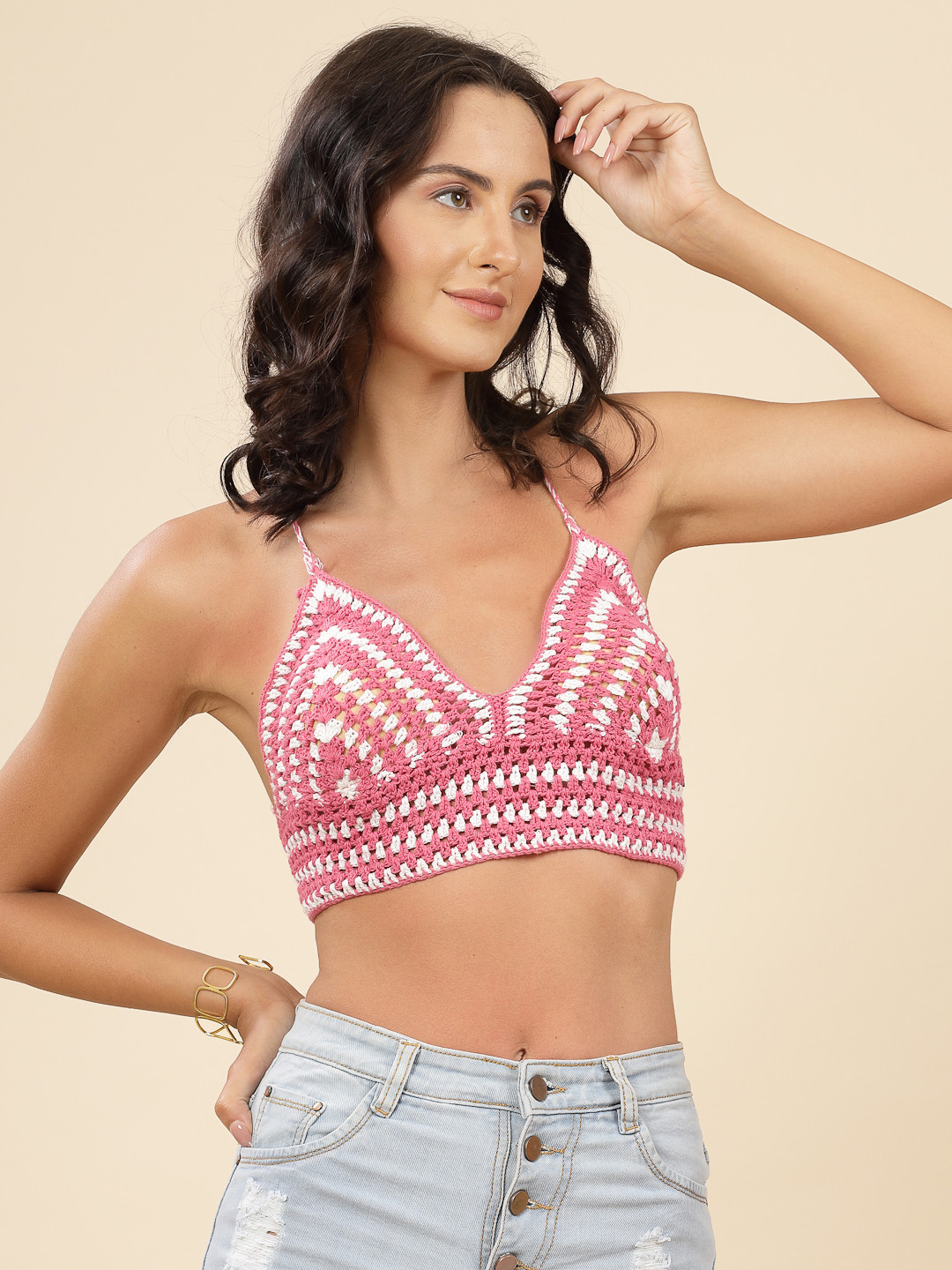 Velvery Handmade Crochet Triangle Bralette - Pink and White
