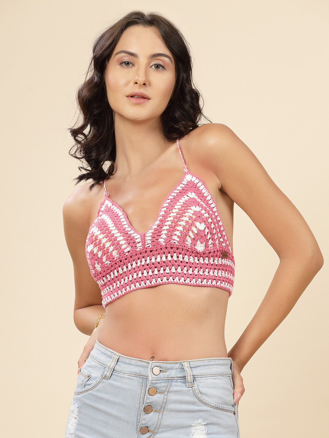 Velvery Handmade Crochet Triangle Bralette - Pink and White