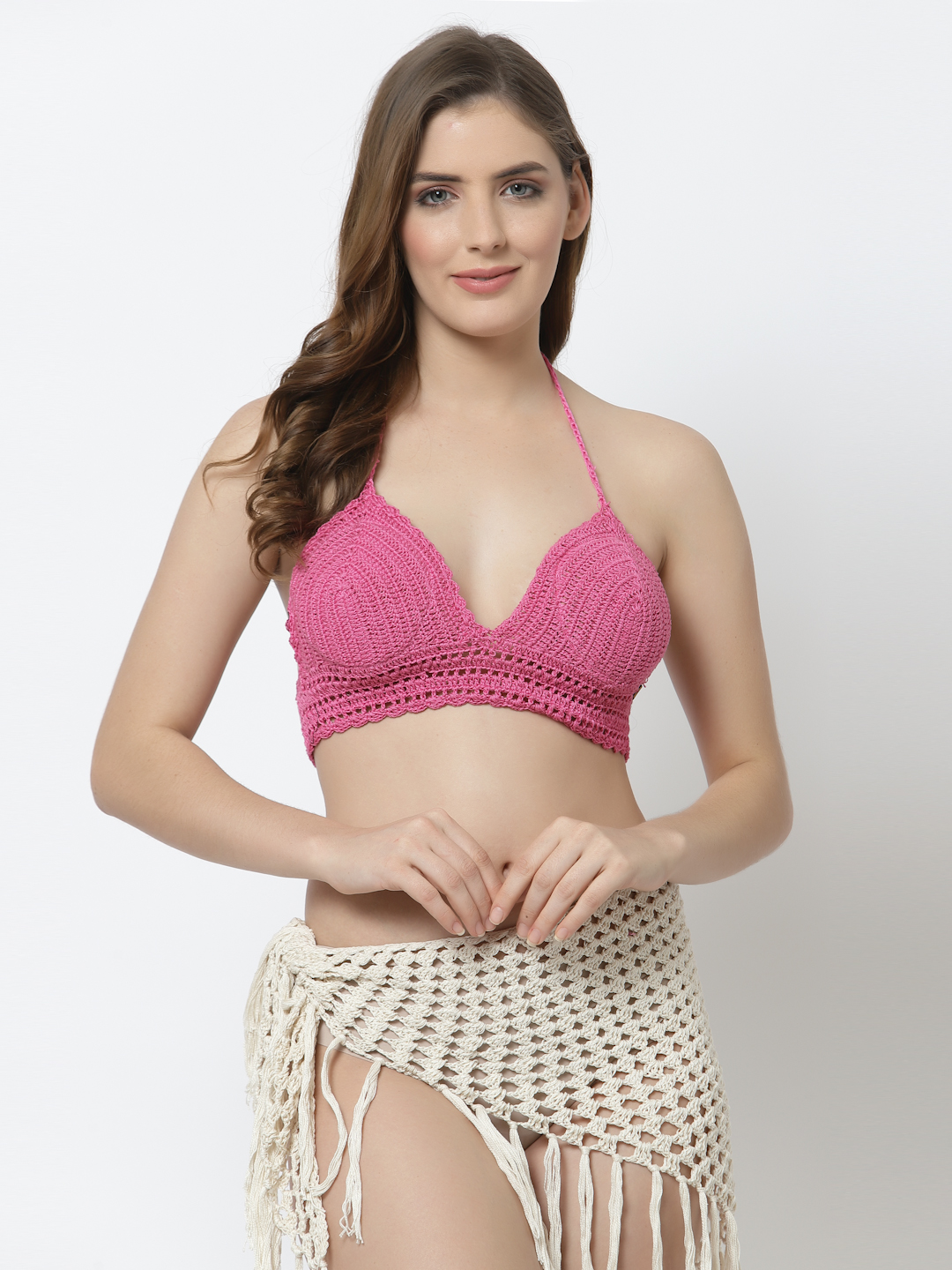 Velvery Handmade Halterneck Padded Bralette Crop Top - Pink