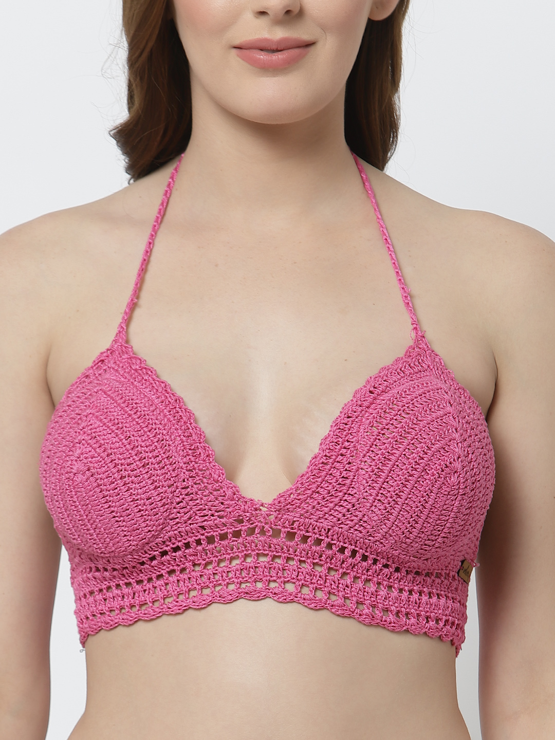 Velvery Handmade Halterneck Padded Bralette Crop Top - Pink
