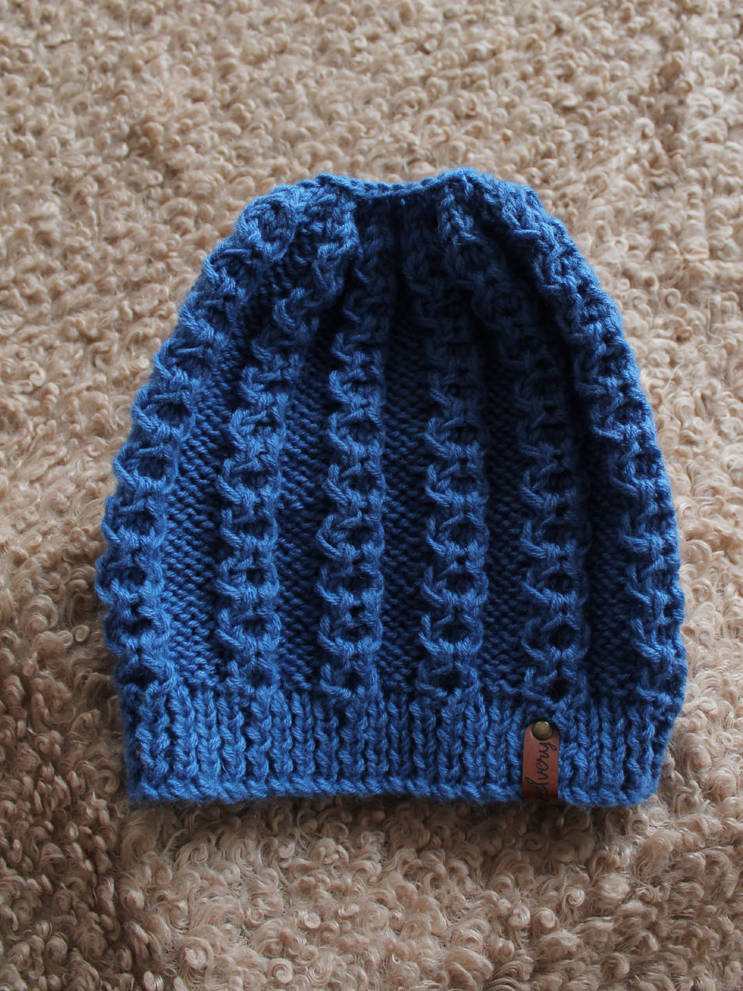 Velvery Handmade Ponytail Self Design Detail Winter Hat - Blue