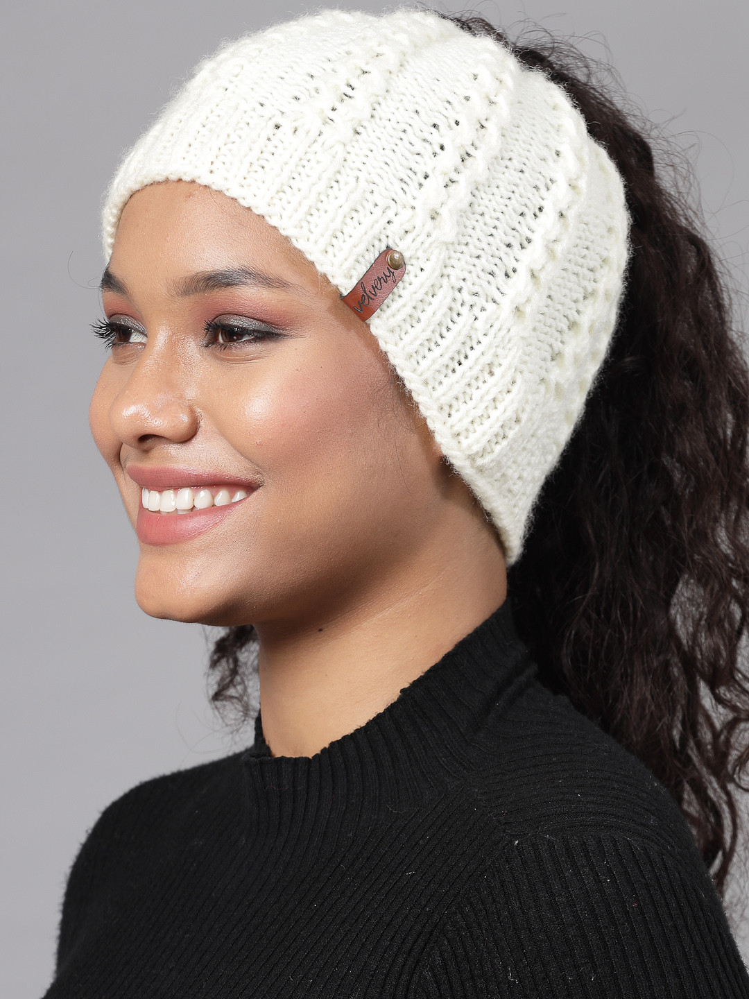 Velvery Ponytail Self Design Detail Beanie-Cream