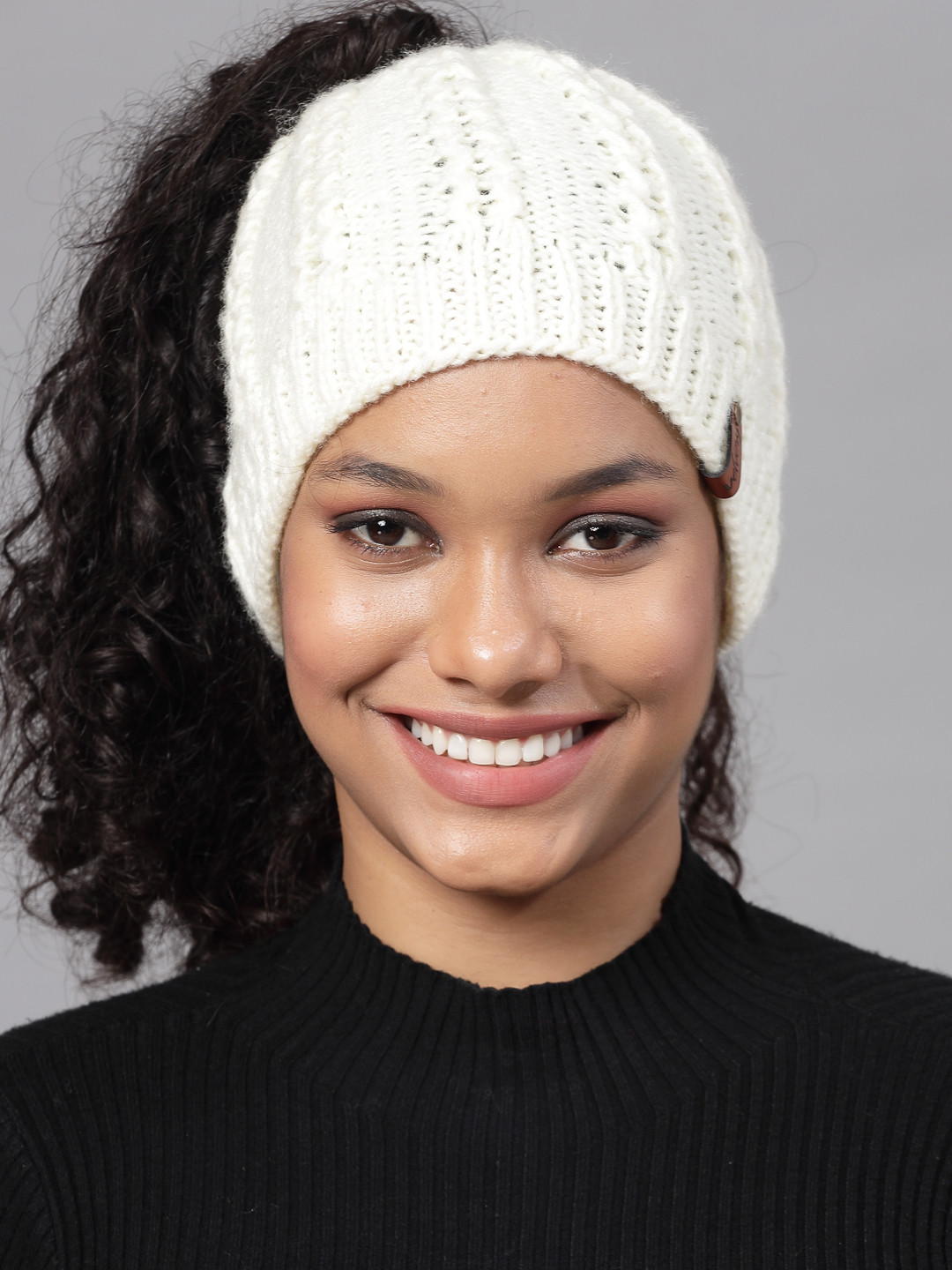 Velvery Ponytail Self Design Detail Beanie-Cream