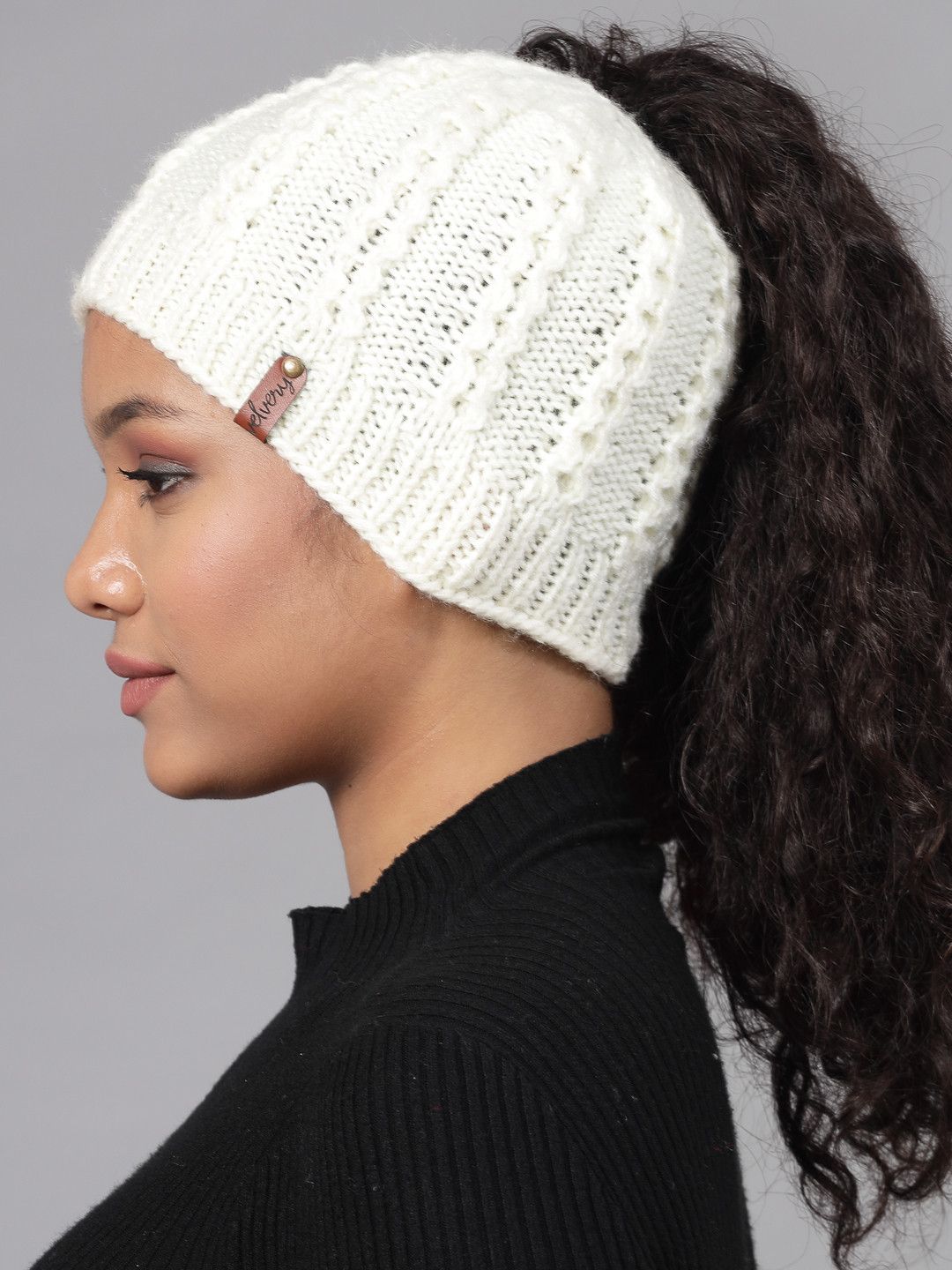 Velvery Ponytail Self Design Detail Beanie-Cream