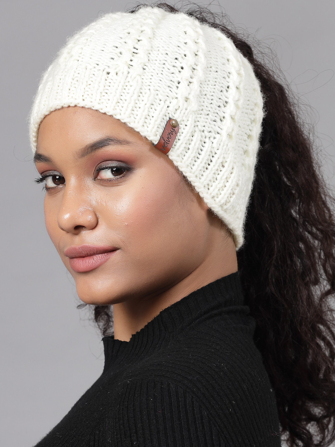 Velvery Ponytail Self Design Detail Beanie-Cream