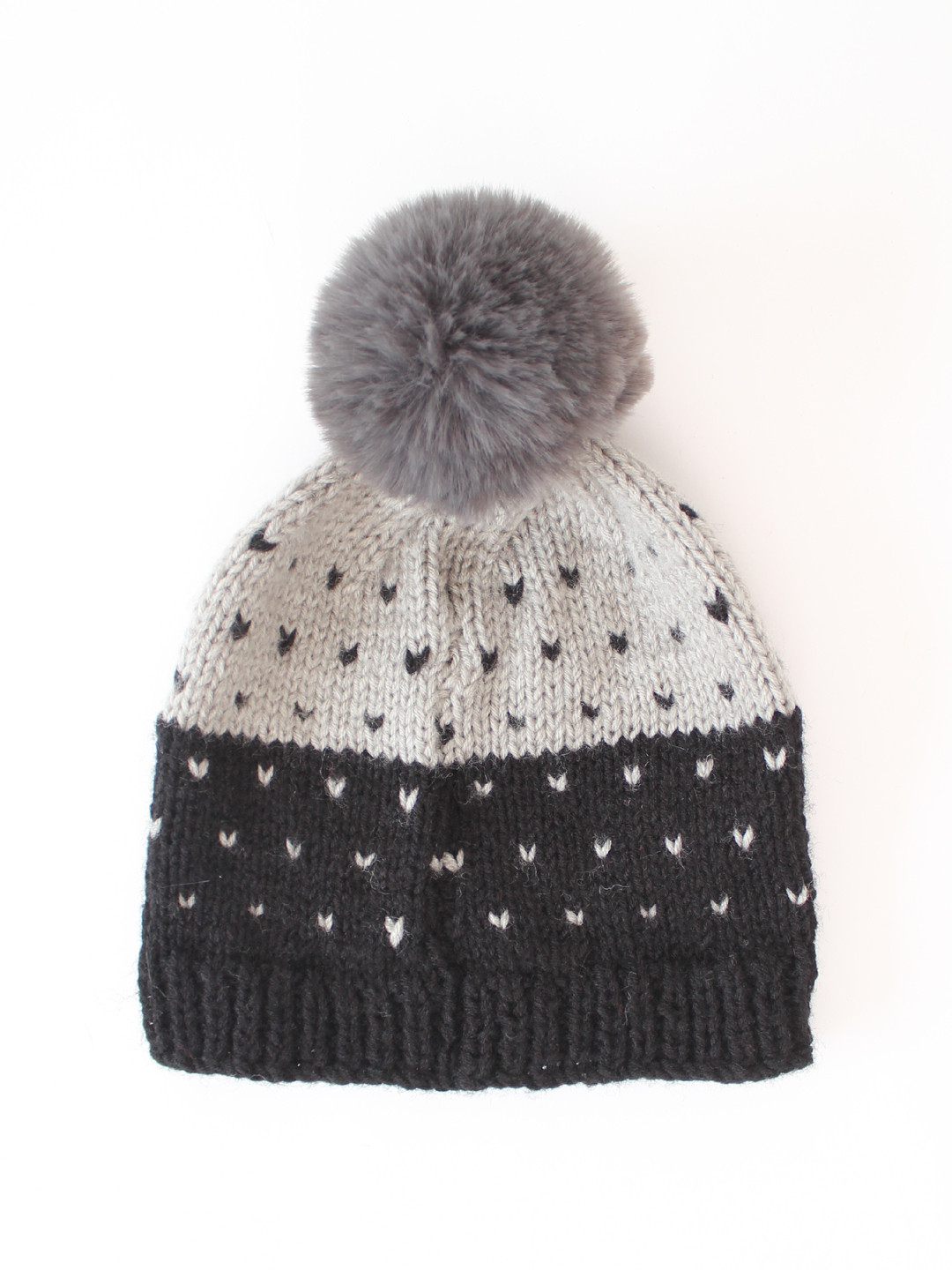 Velvery Self Design Faux Fur Pom-Pom Detail Wool Hat - Black