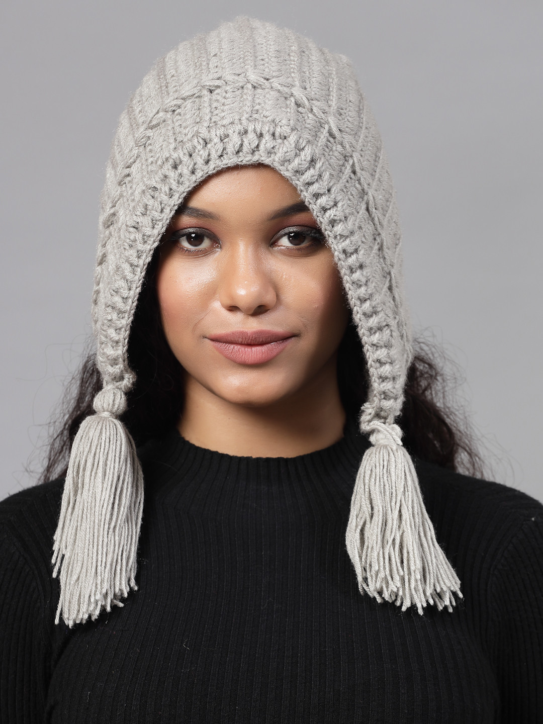 Velvery Tassel Detailing Crochet Designer Beanie- Grey