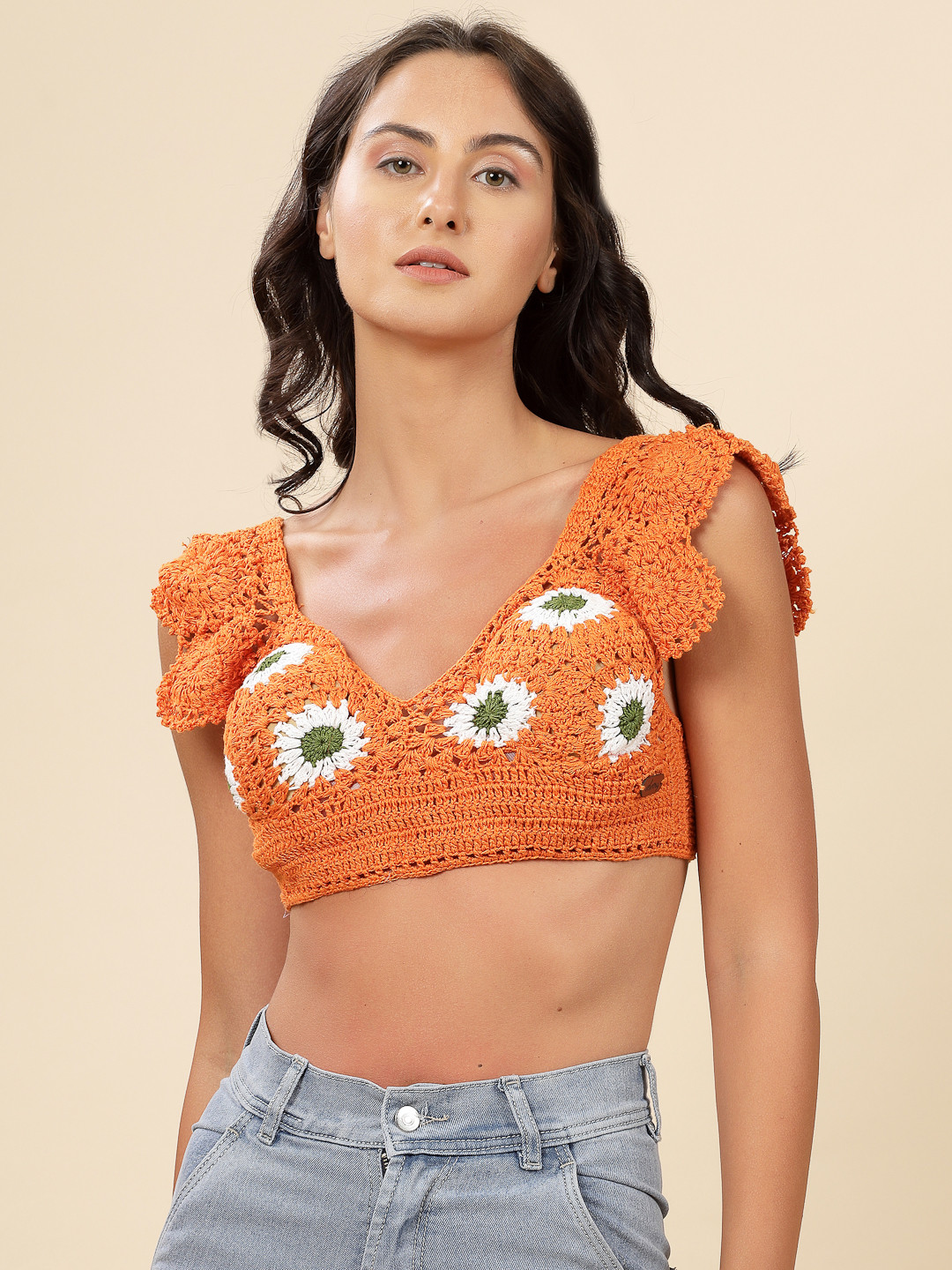 Velvery Crochet Bralette Top with Straps - Orange