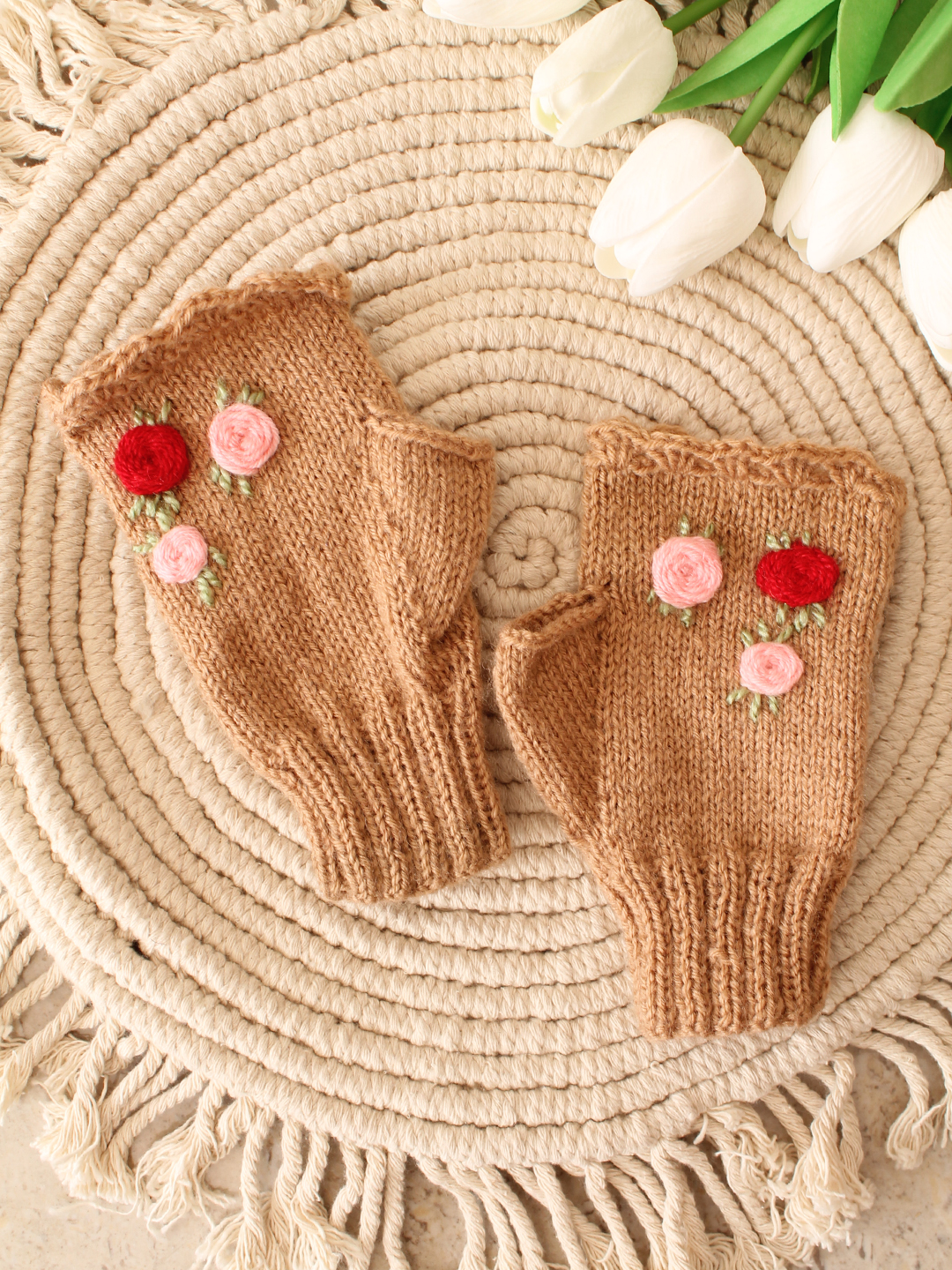 Velvery Knitted Floral Embroidery Fingerless Gloves - Beige
