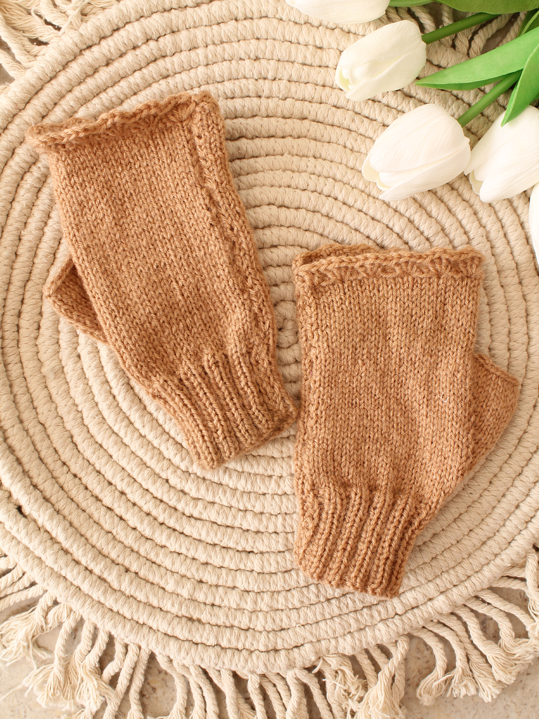 Velvery Knitted Floral Embroidery Fingerless Gloves - Beige