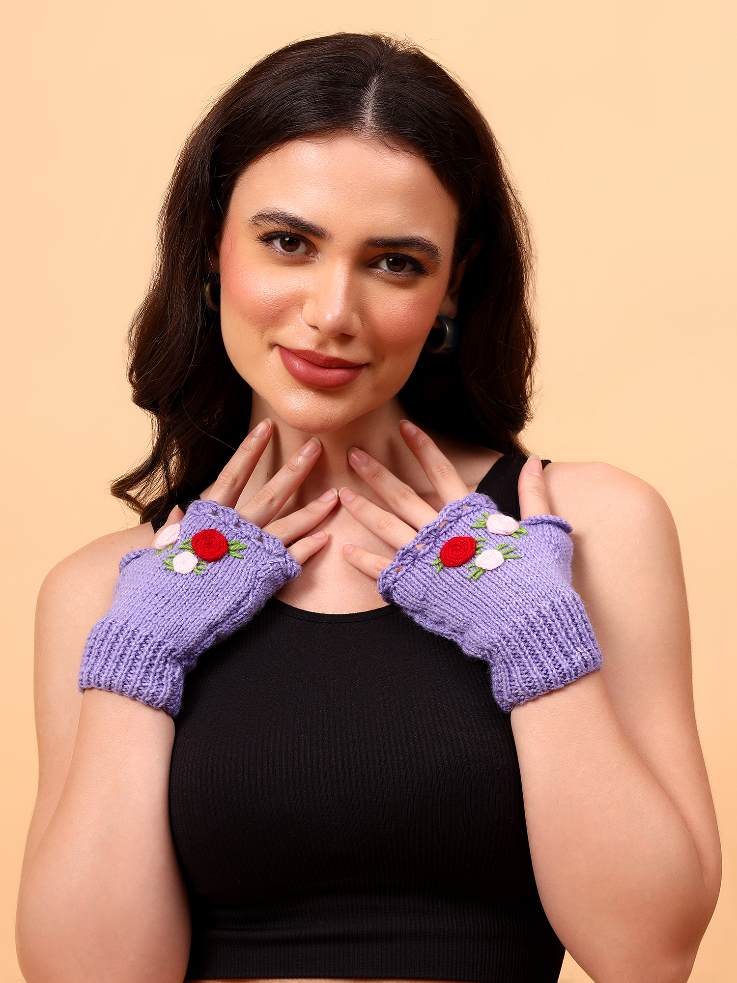Velvery Knitted Floral Embroidery Fingerless Gloves - Purple