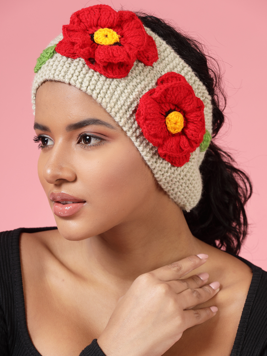 Velvery Hand-Knitted Beige Self Design Acrylic Headband
