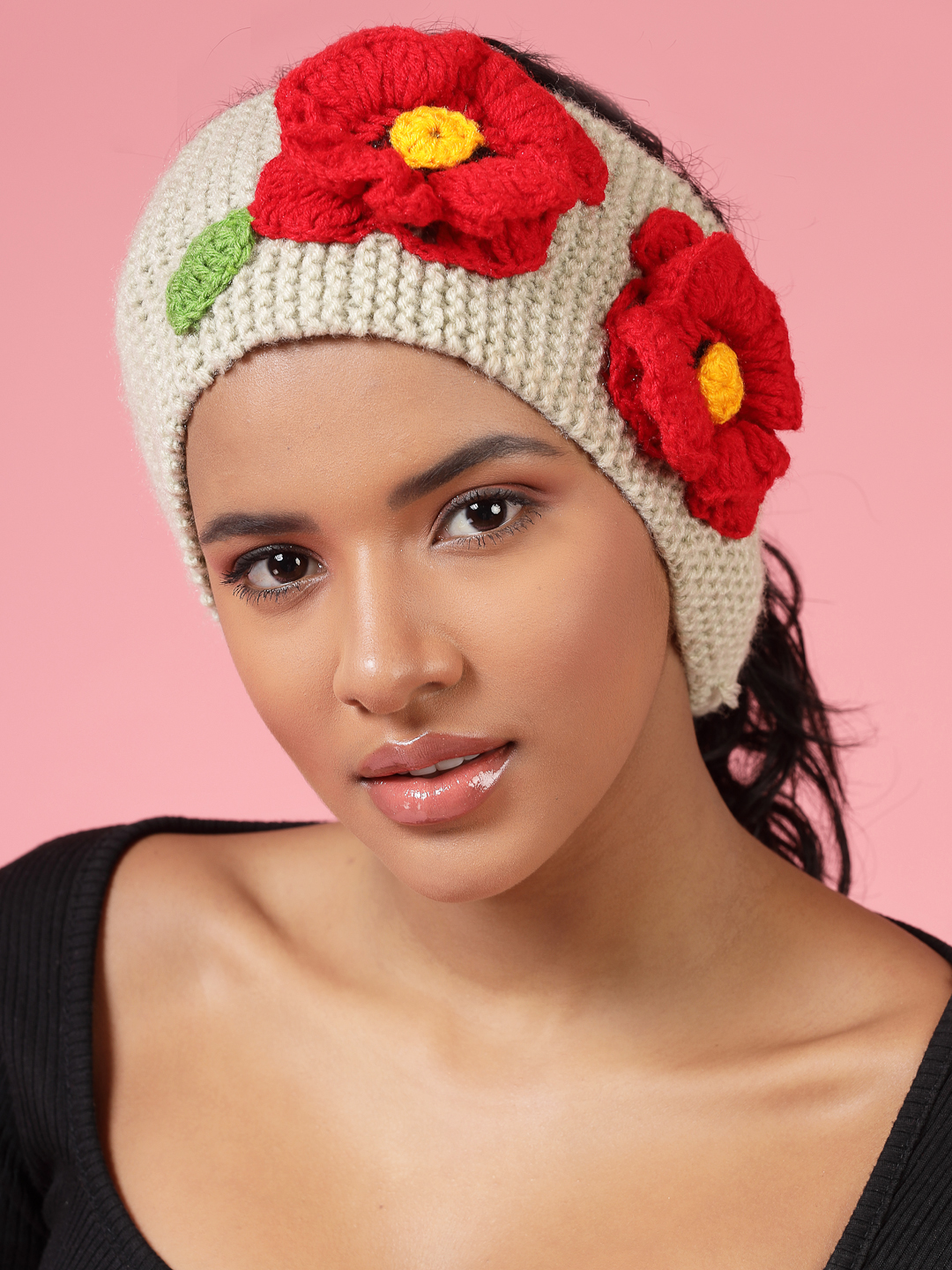 Velvery Hand-Knitted Beige Self Design Acrylic Headband
