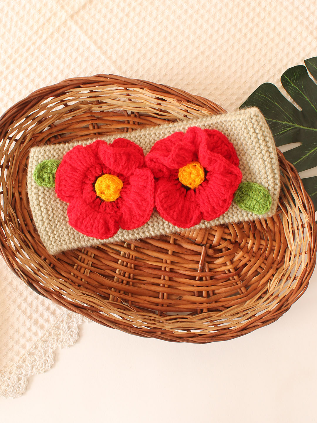 Velvery Hand-Knitted Beige Self Design Acrylic Headband