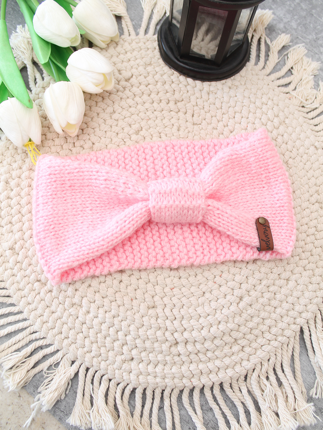 Velvery Hand-Knitted Pink Self Design Acrylic Headband