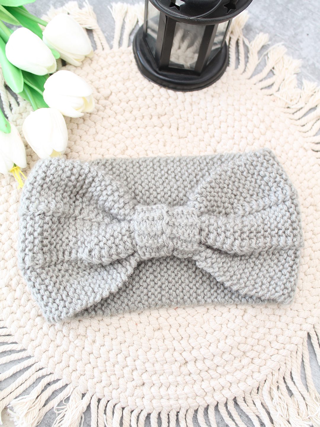 Velvery Hand-Knitted Grey Self Design Acrylic Headband