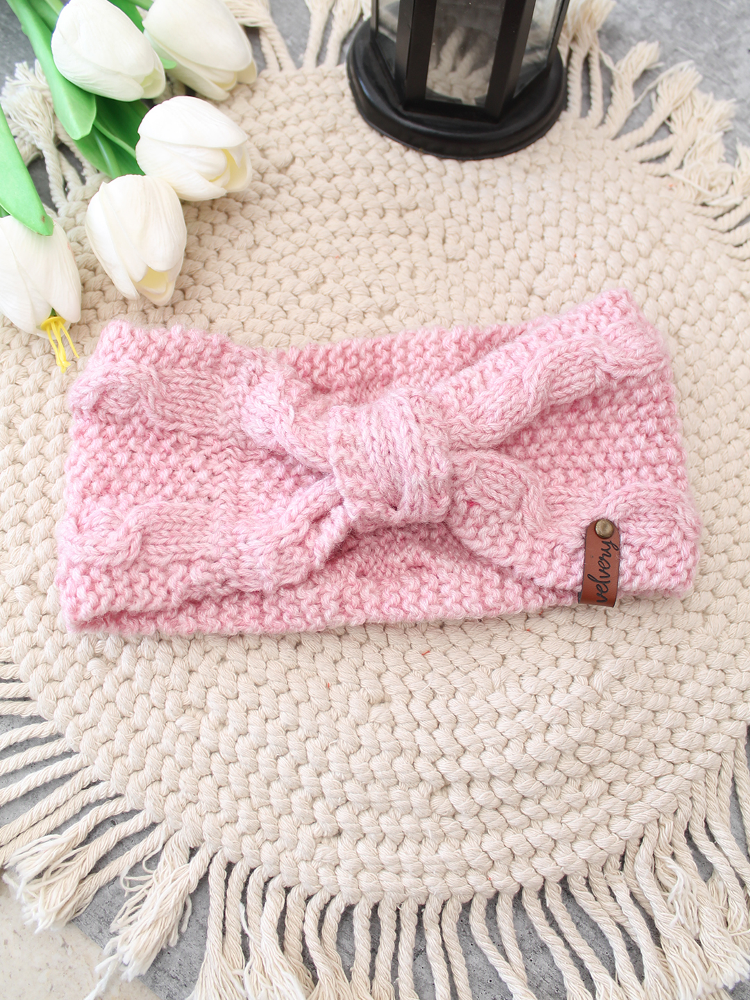 Velvery Hand-Knitted Pink Floral Acrylic Headband