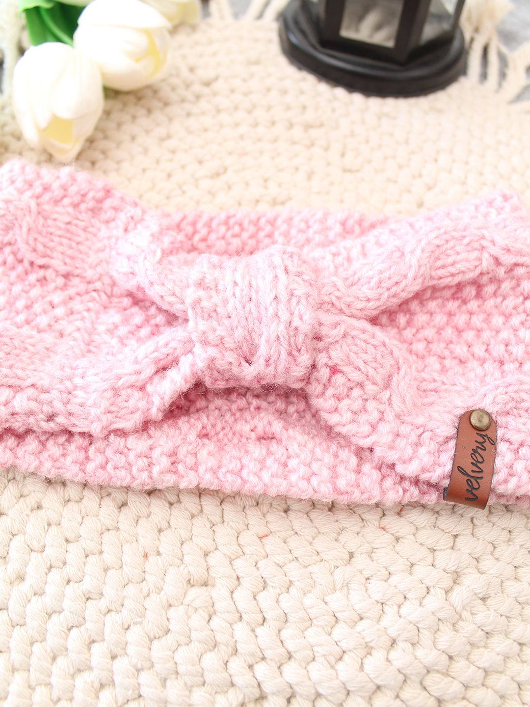 Velvery Hand-Knitted Pink Floral Acrylic Headband