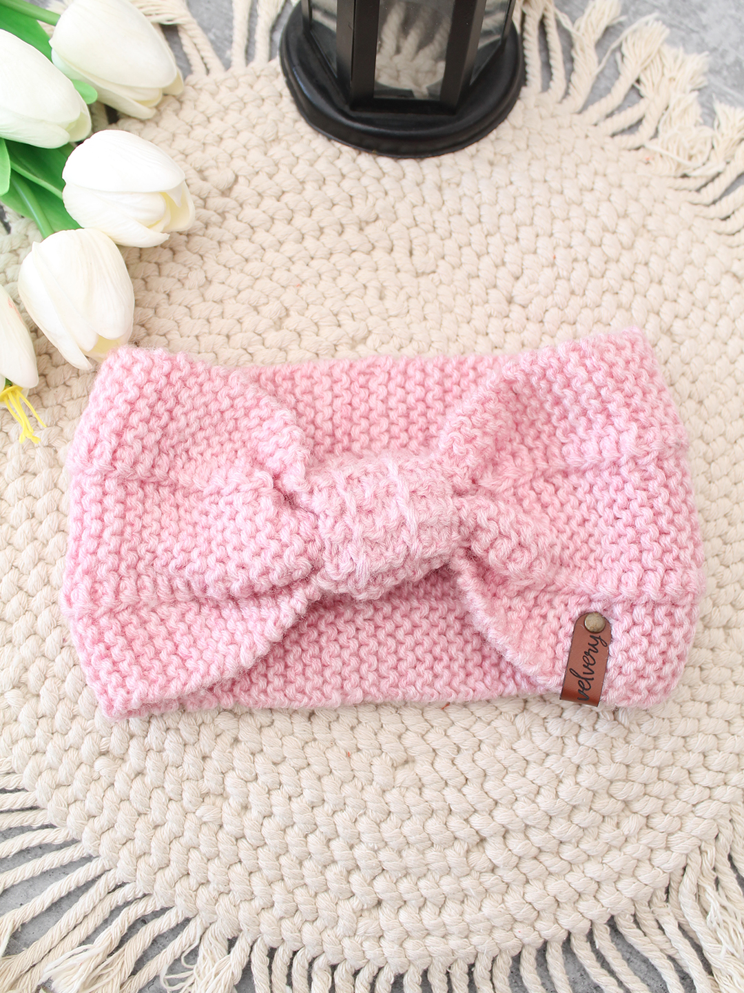 Velvery Hand-Knitted Pink Pearl Embellished Acrylic Headband
