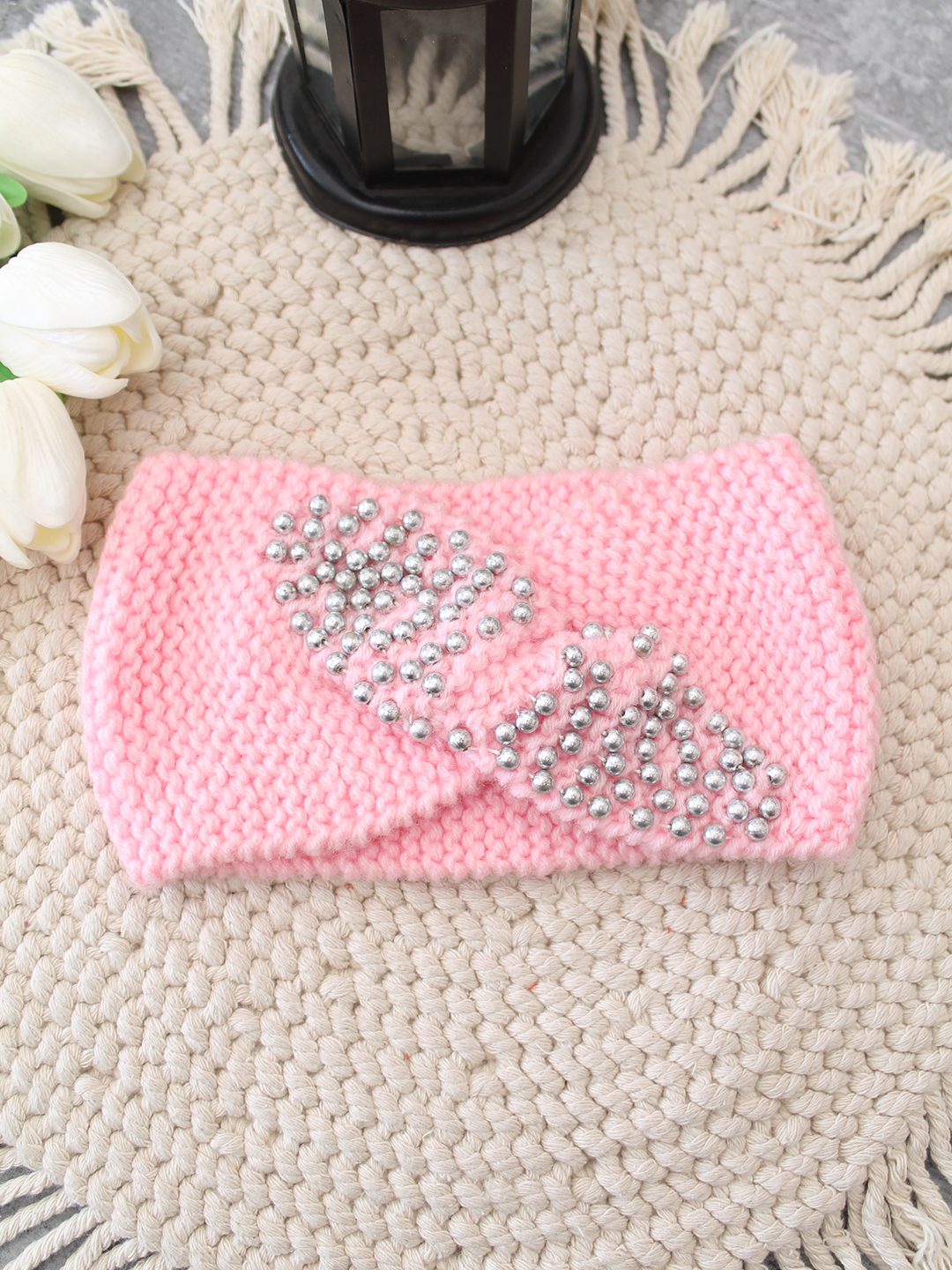 Velvery Hand-Knitted Pink Self Design Acrylic Headband