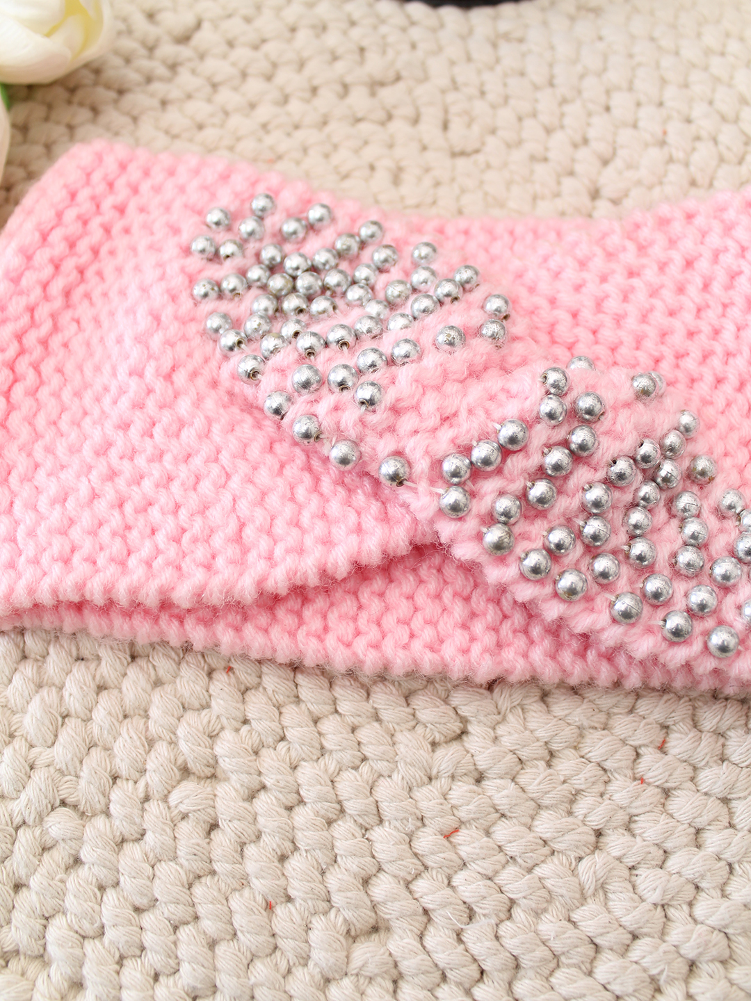 Velvery Hand-Knitted Pink Self Design Acrylic Headband