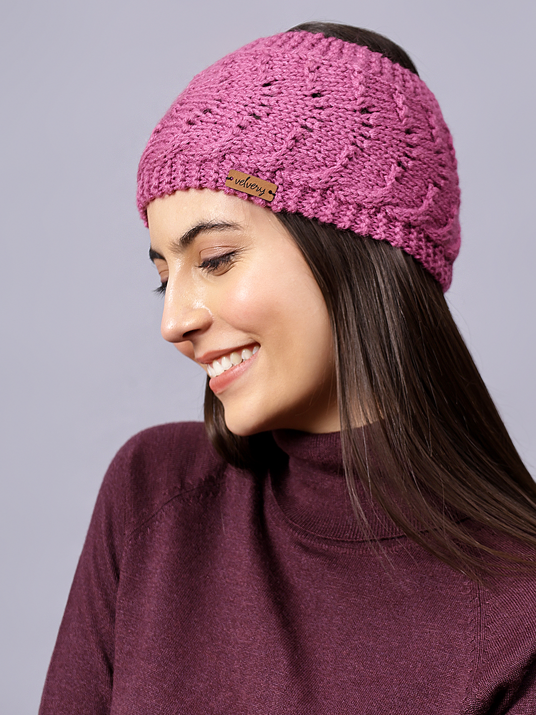 Velvery Hand-Knitted Purple Pearl Embellished Acrylic Headband