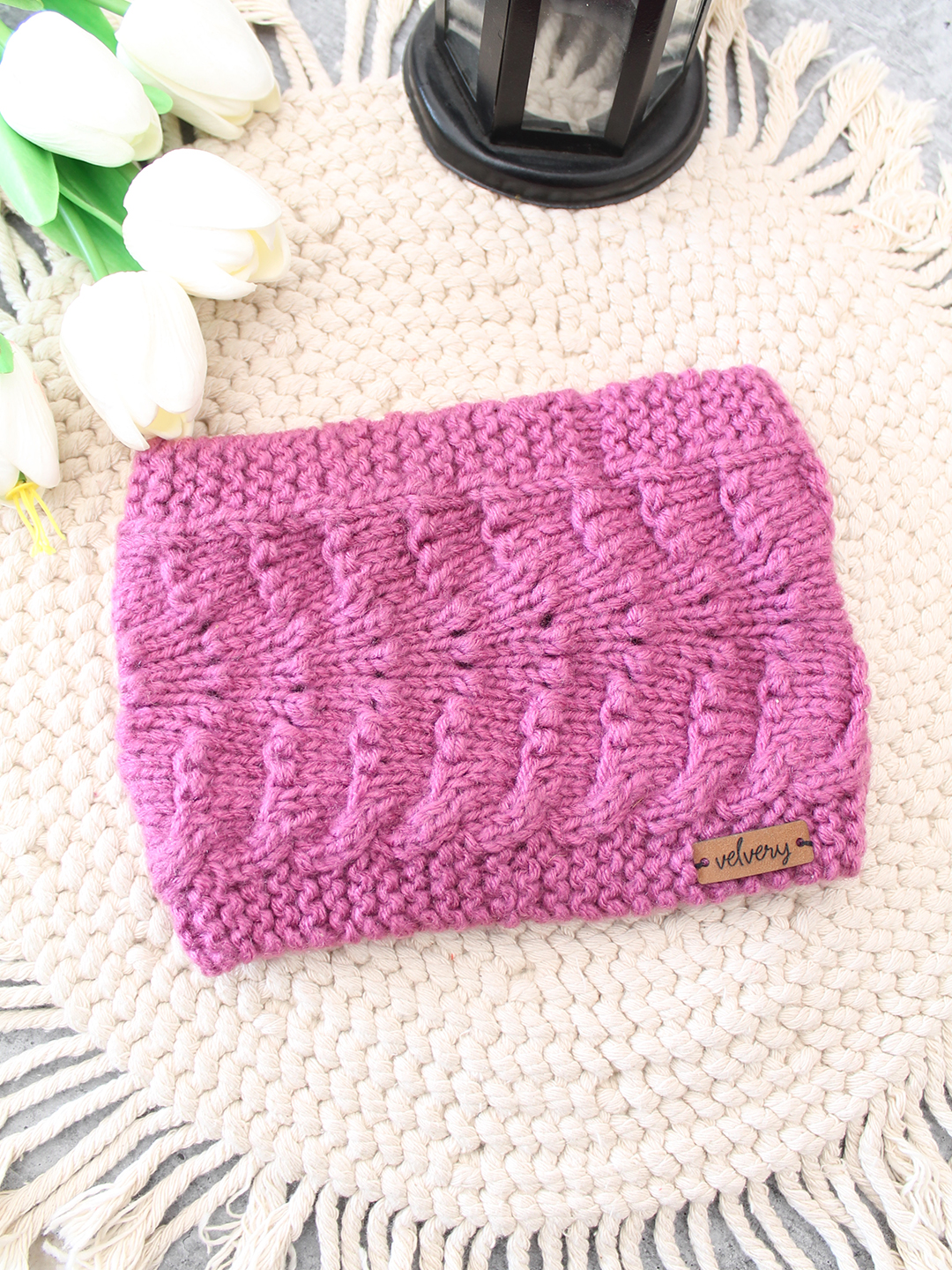 Velvery Hand-Knitted Purple Pearl Embellished Acrylic Headband