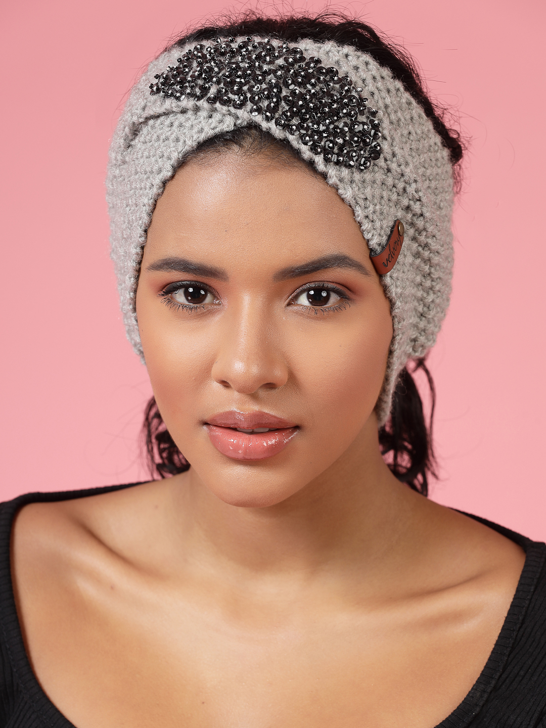 Velvery Hand-Knitted Grey Self Design Acrylic Headband
