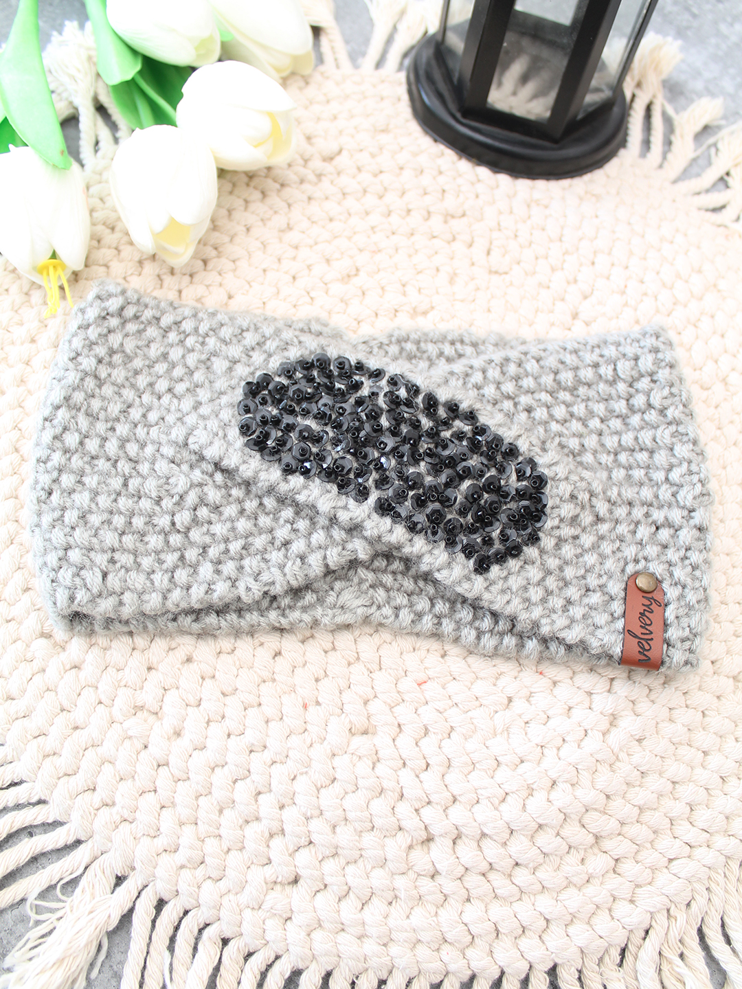 Velvery Hand-Knitted Grey Self Design Acrylic Headband